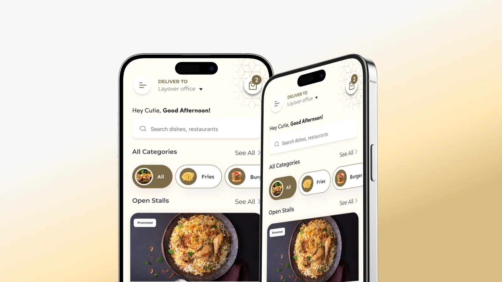Two phone screens showing Layover’s food ordering interface in cream and gold: a delivery destination of “Layover office”, a greeting, a dish search field, category chips for fries and burgers, and an “Open Stalls” section.