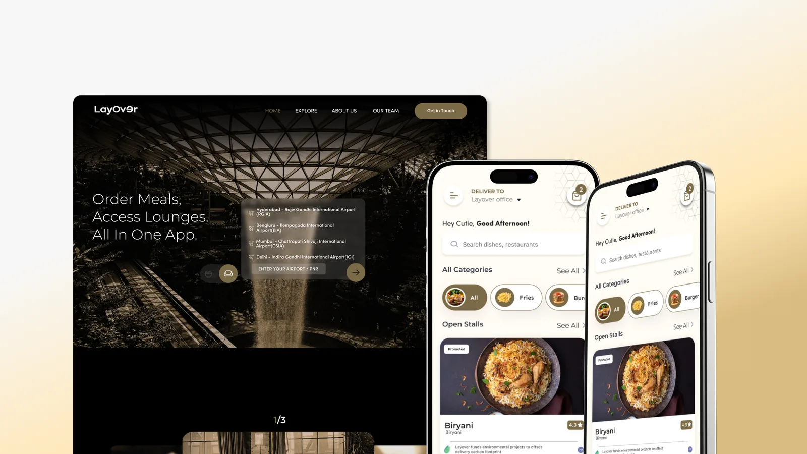 Layover’s marketing site and mobile app shown together, the dark landing page beside the two cream ordering screens.